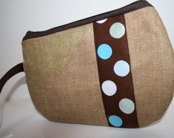 Tan Fabric Wristlet, IPhone Wristlet, SmartPhone Wristlet, Zippered Wristlet