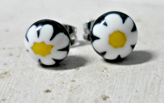 millefiore Earrings - fused glass earrings - millefiore flower post earrings - black, white, and yellow flowers- jewelry -  stud earrings
