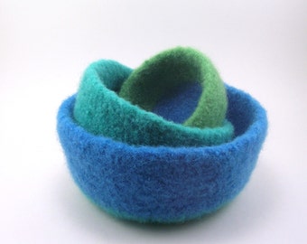 Wool felted nesting bowls - wool bowl set - cerulean, mint and spring green