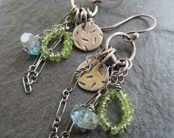 BOHO Charm Earrings Dangling Silver and Gemstone wire wrapped Charm Cluster Earrings