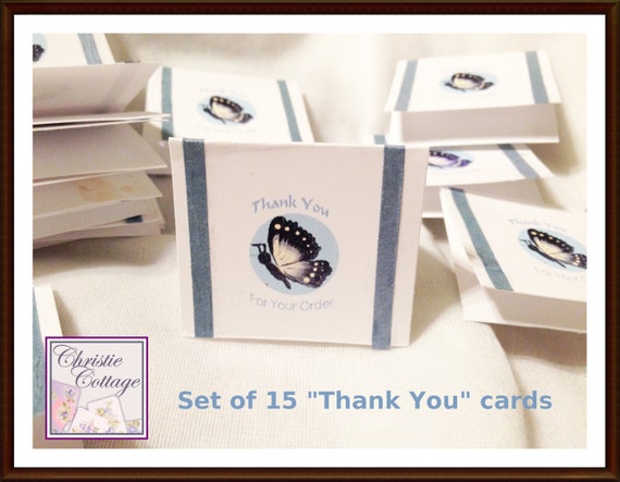 Mini Thank You Cards, Set of 15, Butterfly and Ribbon