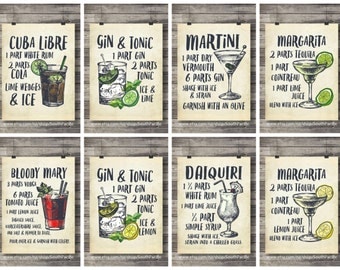 Set of six Cocktails art prints | printable Cocktail Illustrations | Bar Decor | Kitchen decor | Classic cocktail recipes | Printable