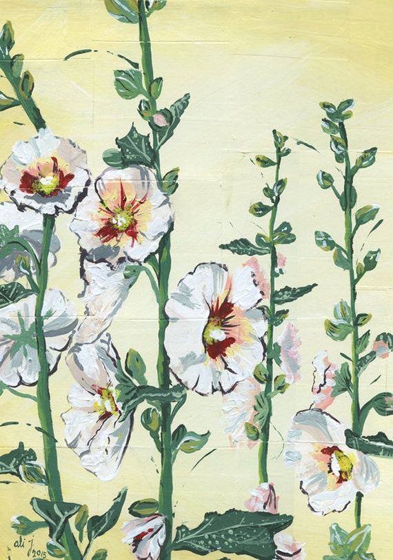 Botanical acrylic painting of hollyhocks happy by AliJartist