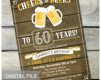 Surprise 60th Birthday Invitation Cheers & Beers Invite Rustic Wood Country Style - Men Women - 5” x 7” Digital Invite