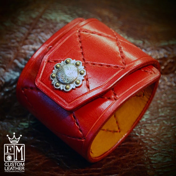Leather Cuff Bracelet Red Custom Quilted Hand stitched Harlequin Diamond Luxury wristband handmade for You in NYC by Freddie Matara!