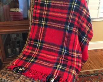 Vintage Red Plaid Camp Stadium Blanket with Fringe - Red Plaid Blanket - Tartan Plaid