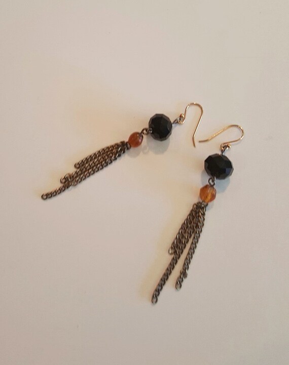 Items similar to Antique Gold Chain Tassel Earrings with Black and