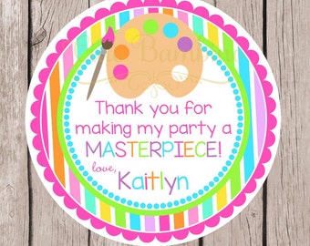 Art Party Favor Tags or Stickers / Personalized Arts and Crafts Party Stickers / Art Palette and Paint Brush / Rainbow Stripes / Set of 12