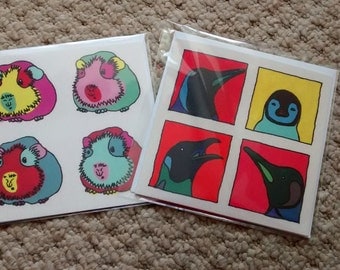 Guinea Pig greeting card and Penguin greeting card - 2 pop art animal cards