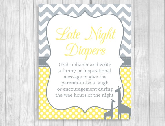 Printable 8x10 Late Night Diapers Baby Shower Sign in Yellow