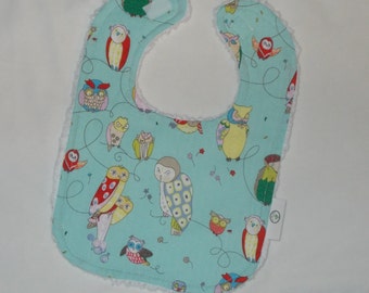 Cool Light Blue Owls and Chenille Bib - SALE