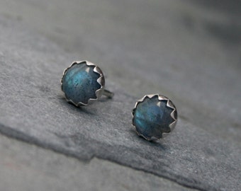 Iridescent Labradorite Sterling Silver Studs Earrings Shiny Finish Natural Gemstone Cabochon Gem Serrated Bezel Post