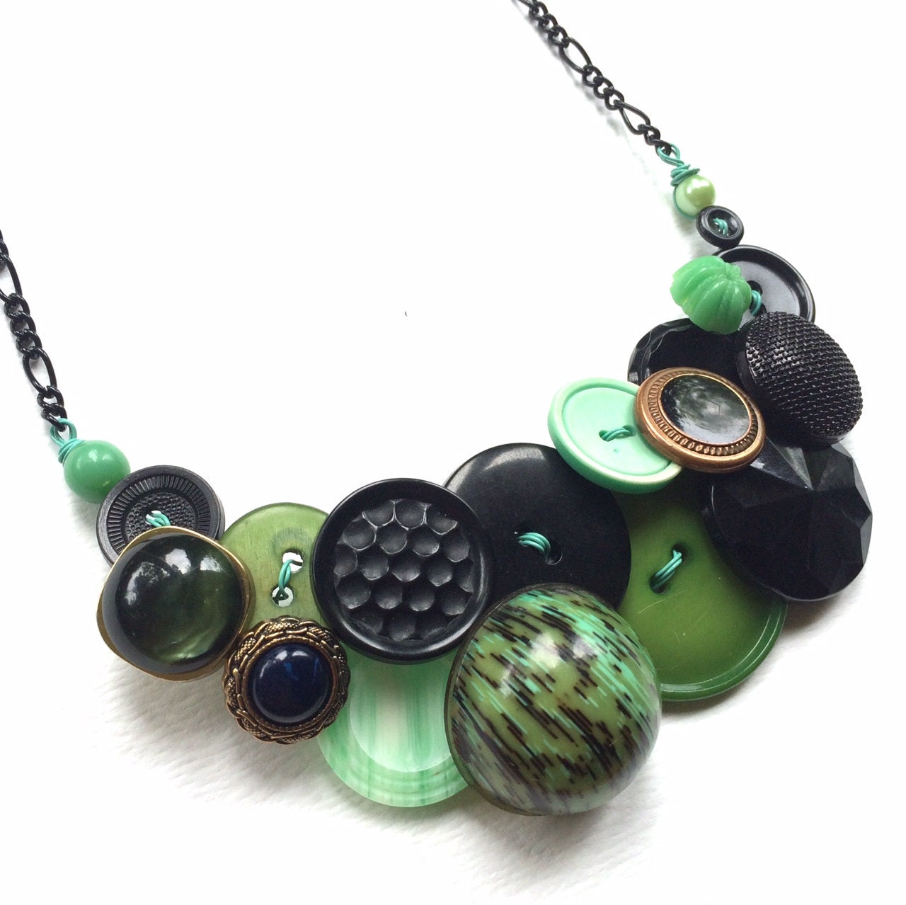 Big Funky Vintage Button Necklace in Shades of Green and Black