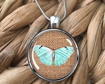 Butterfly on Burlap Glass Pendant Necklace