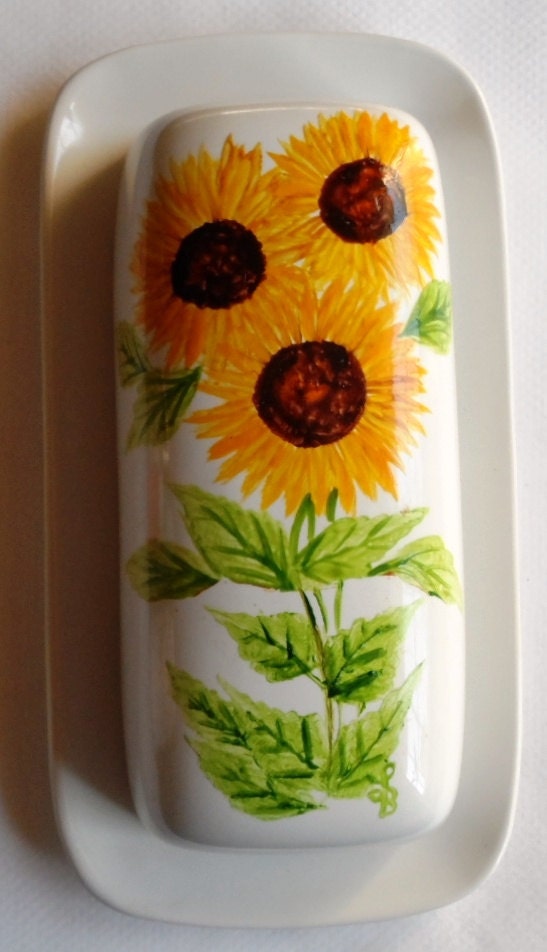 Sunflower Butter Dish Hand Painted Sunflowers Covered Butter