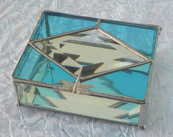 Simply Elegant, Stained Glass Box, Turquoise Jewelry Box, Cut Glass Bevels, Your Choice of Handle and Color