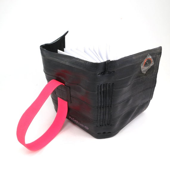 Journal, recycled bicycle inner tube, handmade blank, medium. Neon pink colored elastic closure