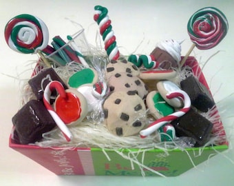 18" Doll Christmas Goodies Gift Box - 18 inch doll food, brownies, cookies, candy, Holiday suckers 1:3 scale