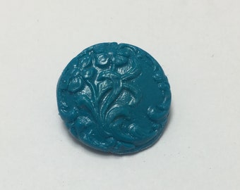 Floral Scroll - Teal Blue - Hand Made Clay Button