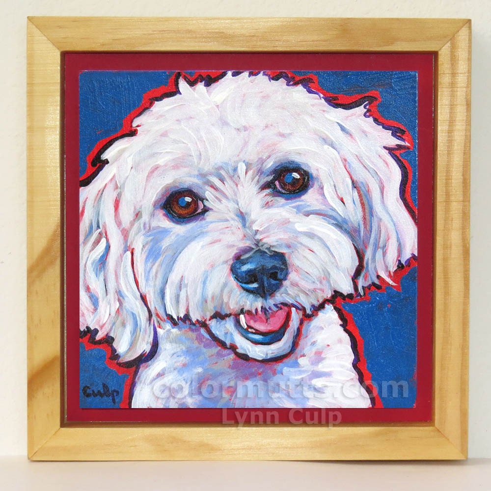 MALTESE Dog Portrait Framed Original Art Painting on Panel 6x6