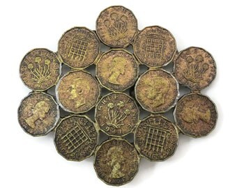 British Coin Belt Buckle - Three Pence Coins, Large Buckle