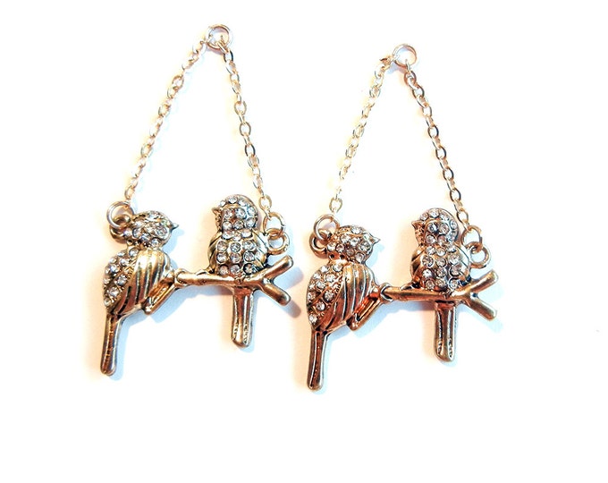 Pair of Gold-tone Birds on a Branch Drop Charms Rhinestone