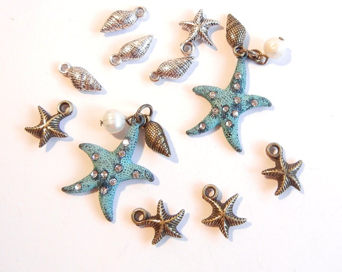 Set of Marine Charms Starfish and Shells with Faux Pearl Charms Rhinestones Multi Tone