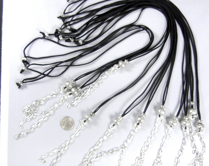 11 Long 34 inch Black Suede Cord with Silver-tone Beads and Chain