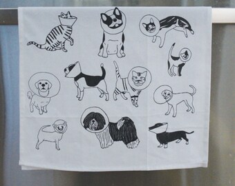 Cats and Dogs Tea Towel, Veterinarian Gift, Cone Cat Tea Towel, Cone Dogs, Cone of Shame, Dog Tea Towel