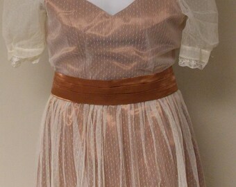 Vintage sheer lace tulle ivory party dress rust brown liner