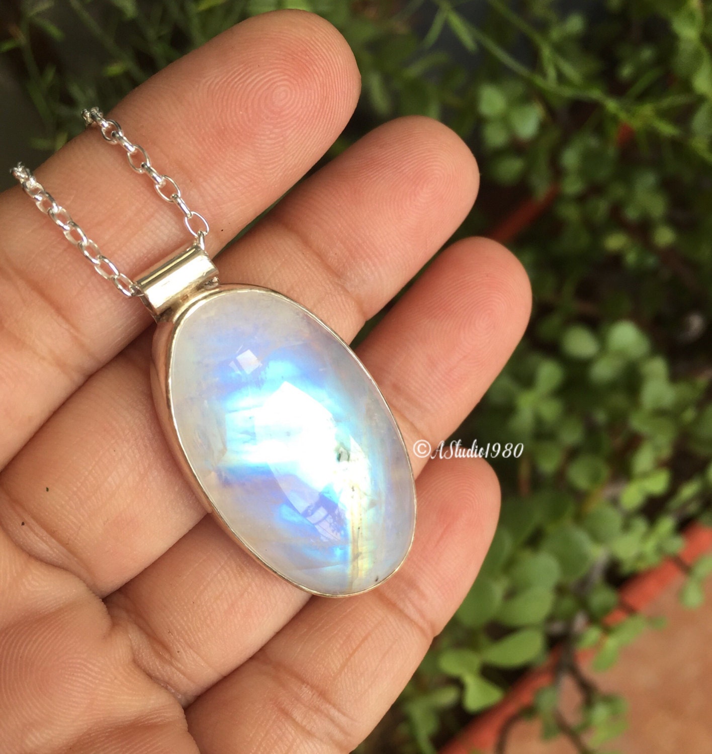 Rainbow Moonstone pendant necklace Oval pendant Bezel