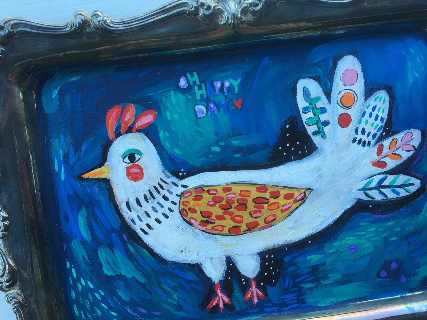 Folk Art Bird Painting on Recycled Tray by evesjulia12 on Etsy