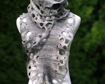 Merino Felt Scarf Women Nunofelt Off-White Blue Grey Designer Felt Scarves Silk Wool Gift Art to Weare