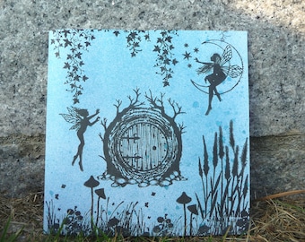 Large Square Fairy Greeting Card ~ Fairy Door & Moon Fairy ~ Birthday Card