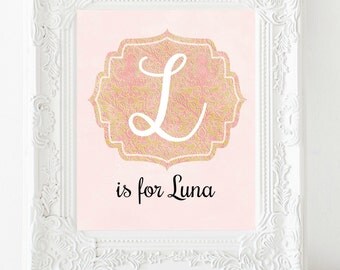 Pink Gold Nursery Letter Art, Personalized Baby Print, Custom Name Print, Nursery Decor Girl, Kid Wall Art, New Mom Gift, Baby Girl Nursery
