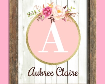 Baby Girl Nursery Wall Art, Custom Name Print, Baby Gift, Pink Gold Nursery Decor, Wall Art Girl, Personalized Baby, Floral Letter Art