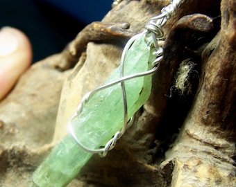 Green Kyanite Crystal wire wrap necklace pendant - silver wire wrapped - light Kyanite blade Tanzania Africa cord or chain coyoterainbow Mw4