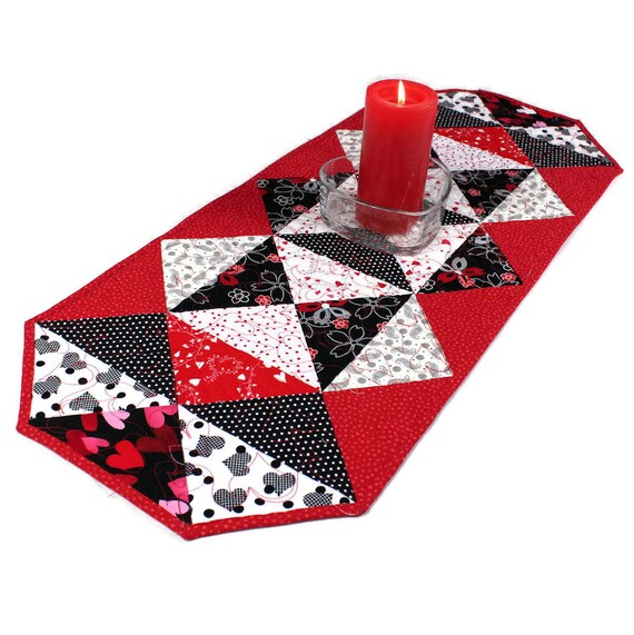 Quilted Table Runner Hearts Table Runner with Red White and