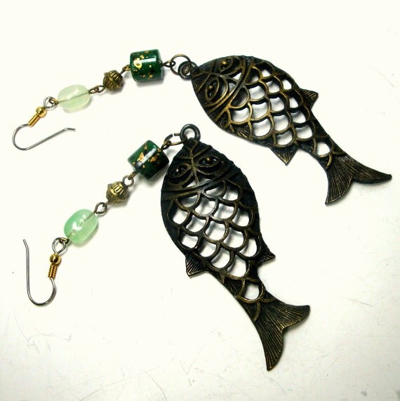 Very LONG FISH Dangle Earrings Bronze Color Openwork Fish