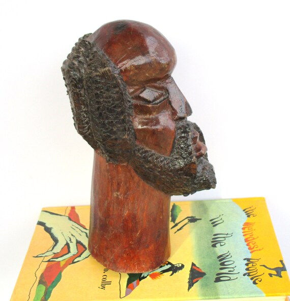 Vintage African Man Head Bust Tribal Wood Carving Statue Hand