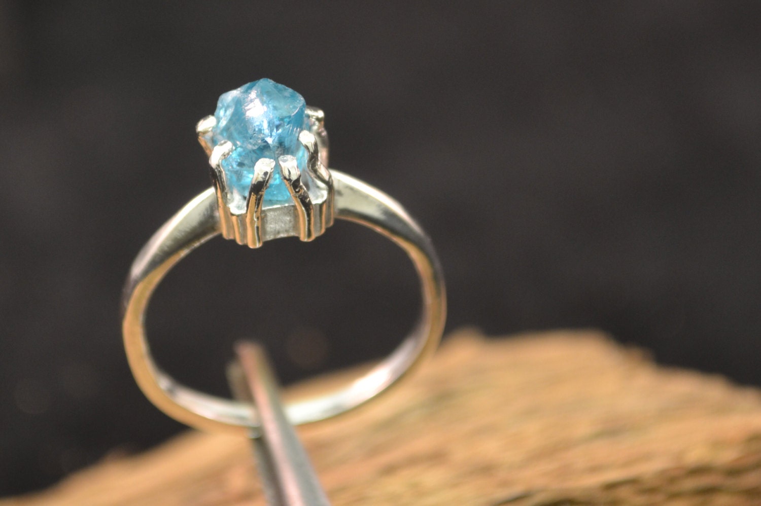 Neon Blue Apatite Ring Raw stone Engagement Ring Sterling