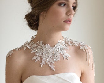 Lace Shoulder Jewelry, Bridal Lace Bib Necklace, Wedding Rhinestone Statement Necklace, Rhinestone Shoulder Necklace