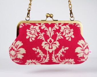 Metal frame purse with shoulder strap - Gothic in pink - Little handbag / Echino / Pink damask / Lizard butterflies panther flowers