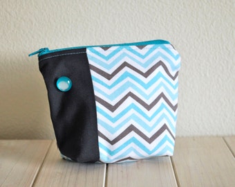 Cosmetics Pouch with Vintage Button Zipper Pouch Toiletries Bag Aqua Chevron