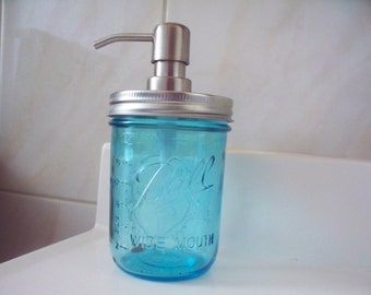 Vintage Blue Mason Jar Soap Dispenser - 1 Pint size jar with soap pump.