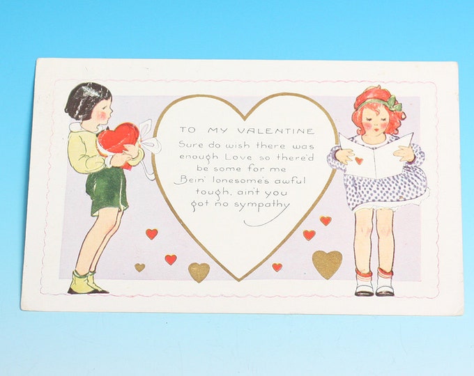 Art Deco Valentine Postcard Whitney Made Young Boy and Girl