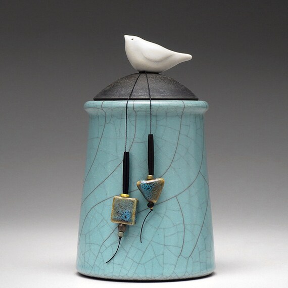 Ceramic Bird jar turquoise greenhandmade pottery jar home