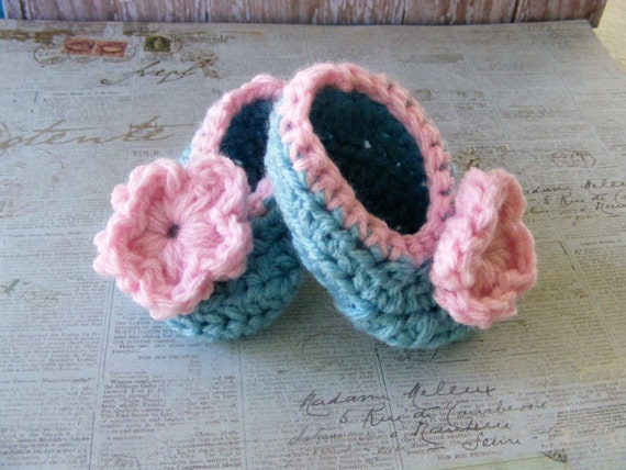 Girl Ballet Baby Booties Crochet Flower Pink and Blue
