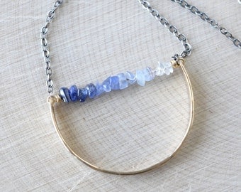 Raw Sapphire Necklace, September Birthstone, Ombre Sapphire Necklace, Mixed Metal, Oxidized Silver and Gold, Modern Long Necklace