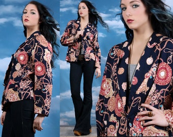 Vintage 80s Blazer Jacket Navy Scarf Baroque Chain Pocket Watch L/XL